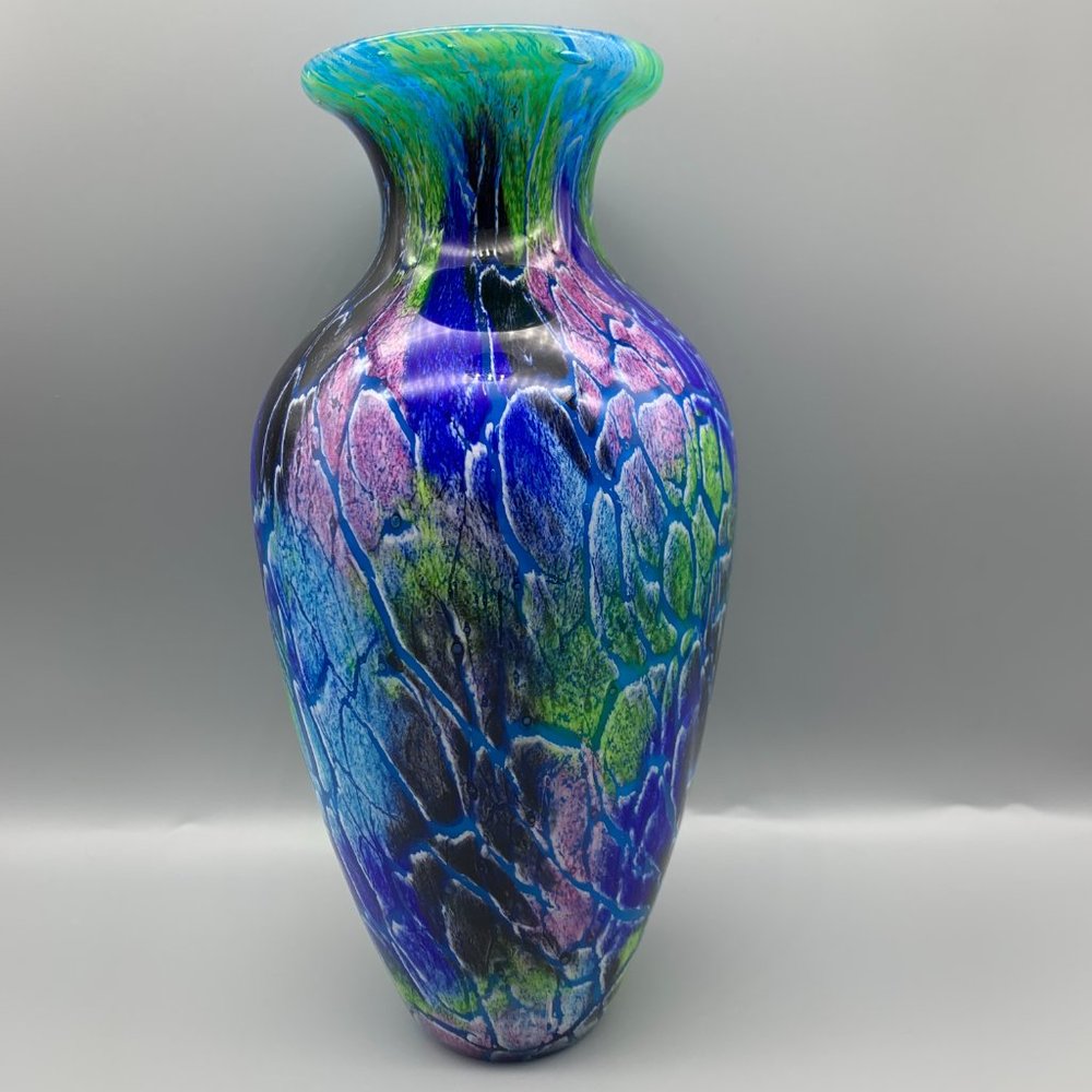Badash Murano Style Art Glass Cool Firestorm Urn Shape Vase 10" High